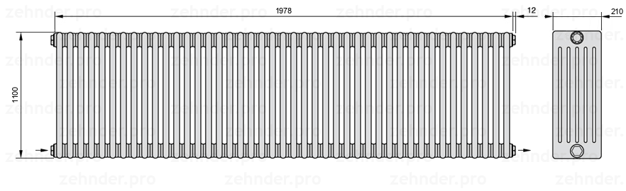 Схема (чертеж) Радиатор Zehnder Charleston 6110/43 №2670 Белый глянцевый RAL 9016